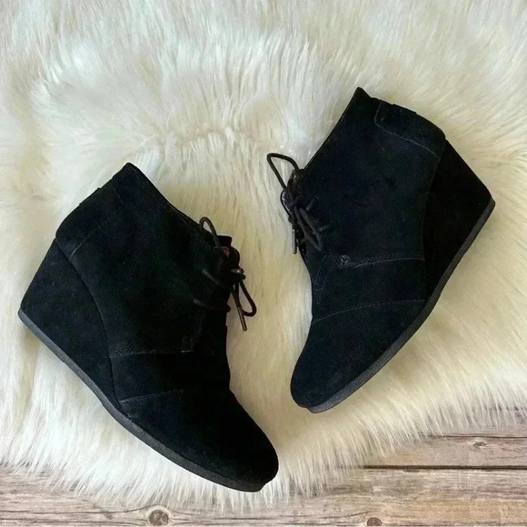 Toms Wedges Booties Shoes Sz 11 Black Suede Leather - Picture 2 of 10